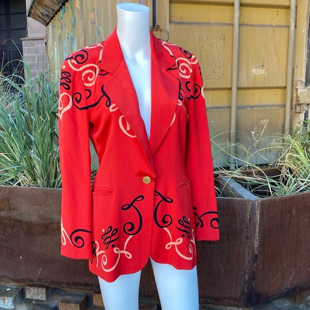 RARE Vintage 80s Red Couture Silk ESCADA Designer Suit Jacket Party Blazer 34